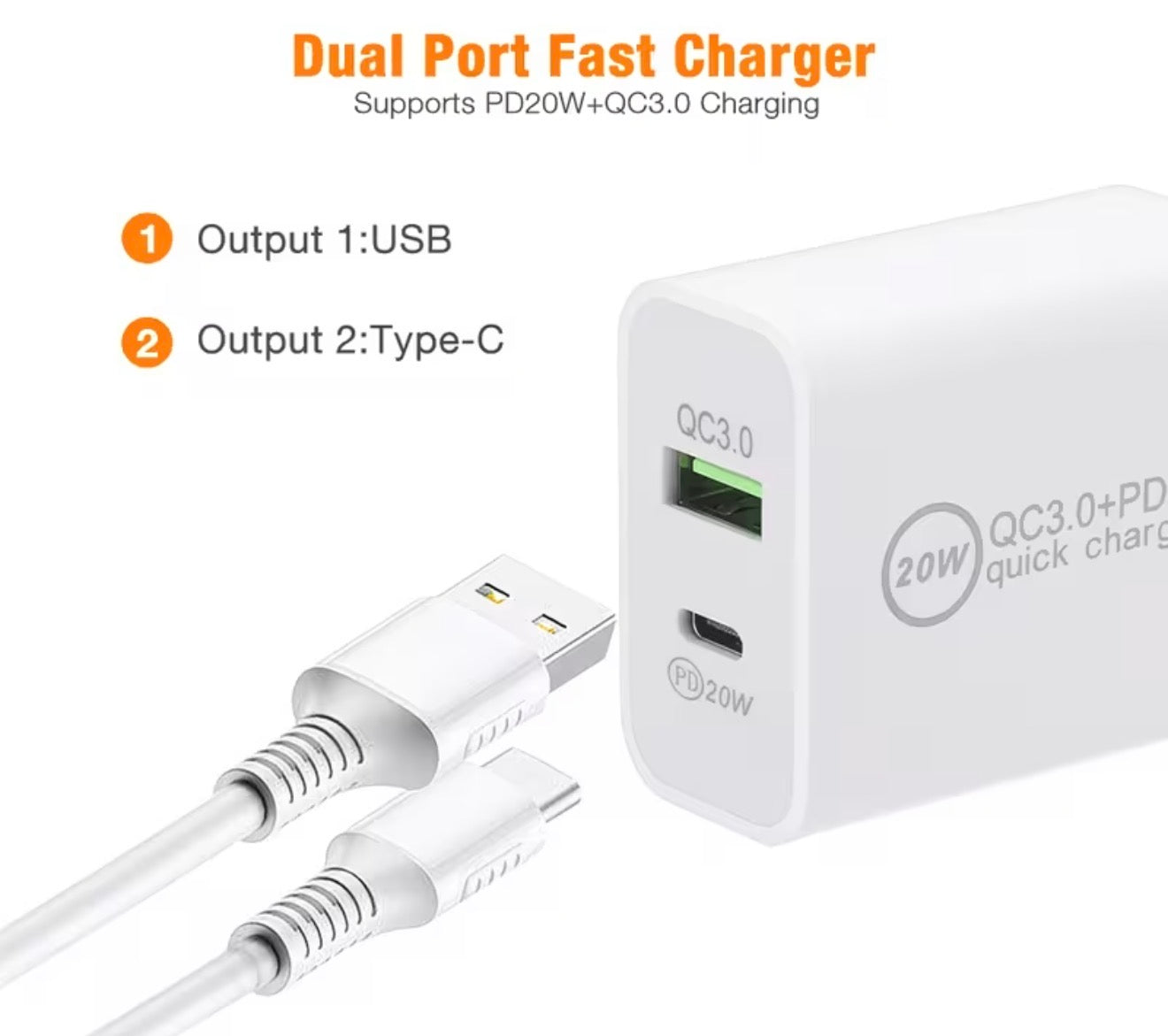 20W QC Fast Charger Block USB Type A and C Wall Power Adapter