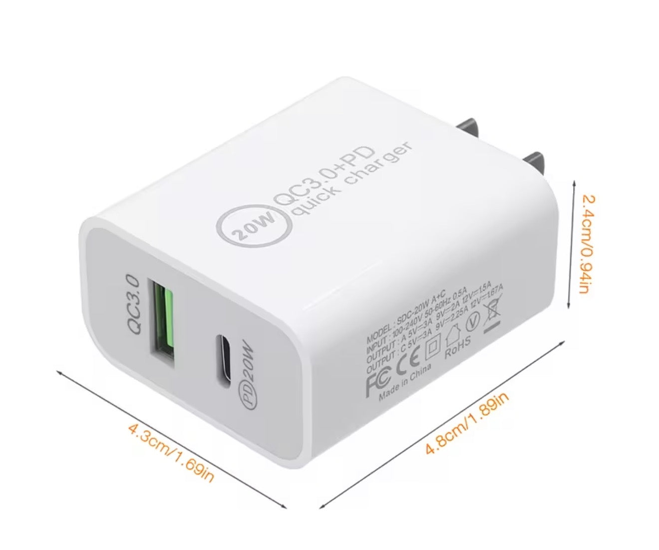 20W QC Fast Charger Block USB Type A and C Wall Power Adapter